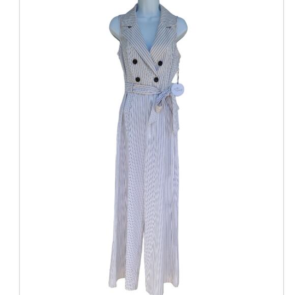 NWT Milk & Honey Pinstripe Jumpsuit Size S Black White Wide Leg V-Neck Classic - Picture 1 of 10